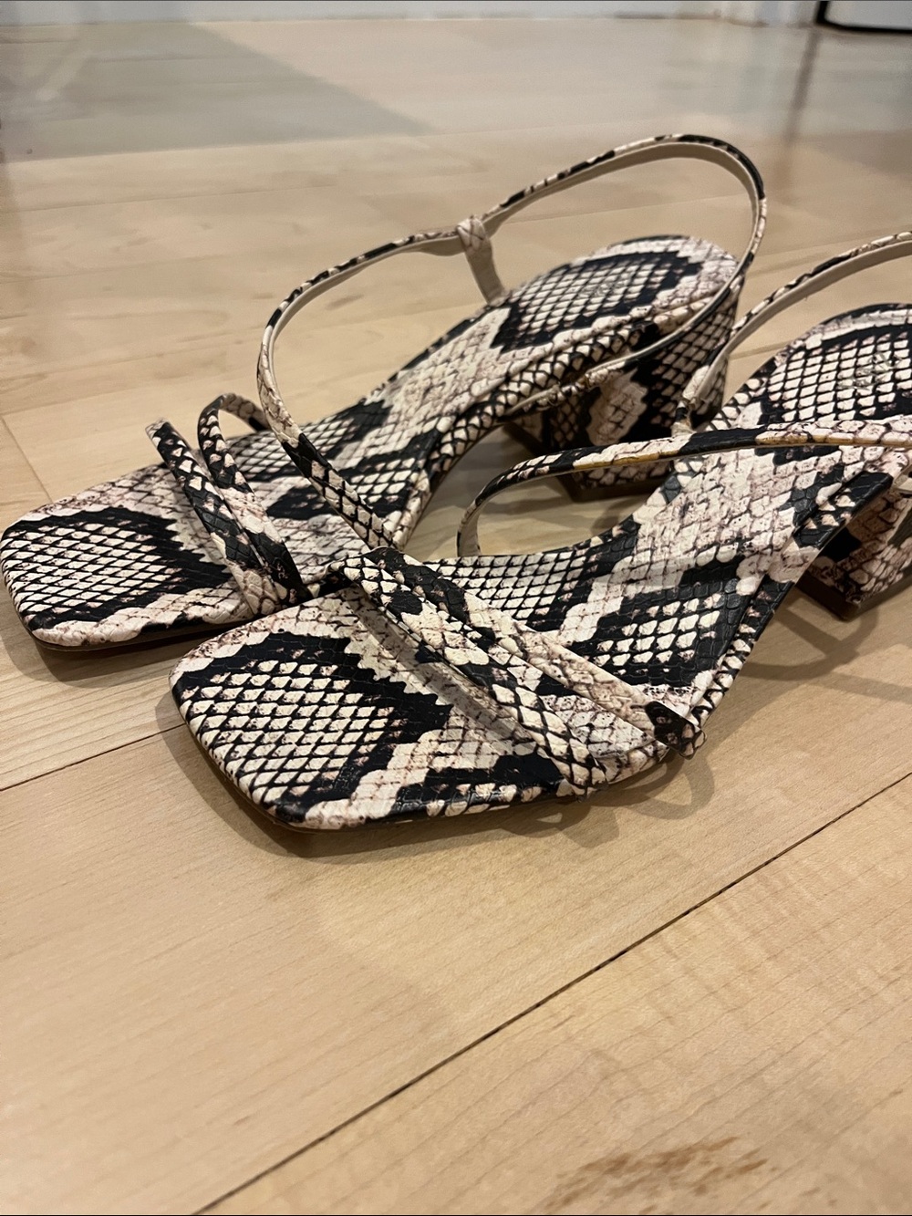 Zara Black & Cream Snake-Print Strappy Sandals - Picture 2 of 8